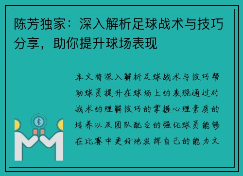陈芳独家：深入解析足球战术与技巧分享，助你提升球场表现