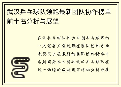 武汉乒乓球队领跑最新团队协作榜单前十名分析与展望